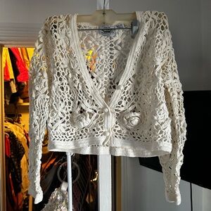 White vintage Crochet long sleeve sweater cardigan button flower small open knit